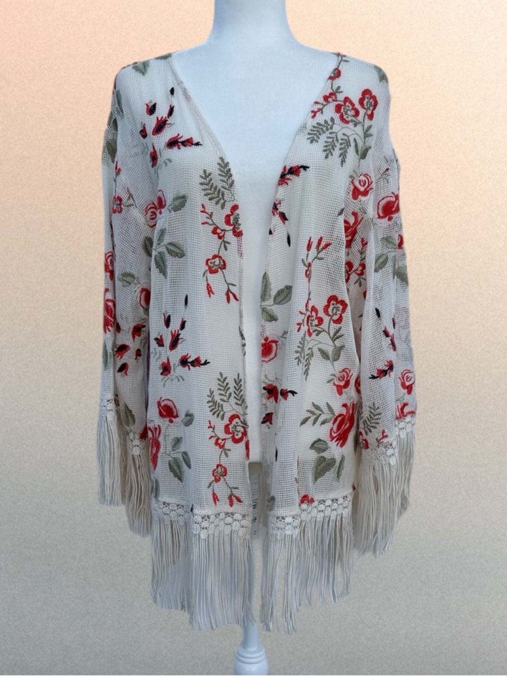 Reba Western Long Fringe Floral Embroidered Mesh Open Front Fringed Cardigan XL